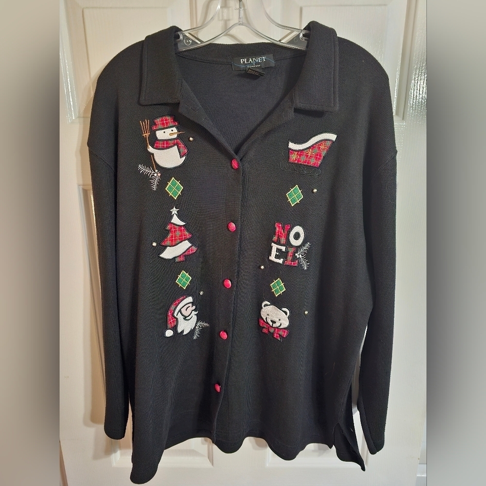 Planet & Company Women XL Black Christmas Cardigan Santa Snowman Plaid Applique - Picture 2 of 6